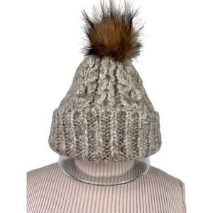 MILSA Gray Brown Fur Pom Pom Winter Bobble Beanie Hat Acrylic Stretch Cable Knit